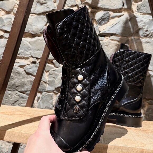 Chanel Glossy Black Pearl Chain CC Embellished Combat Boots - Picture 7 of 14